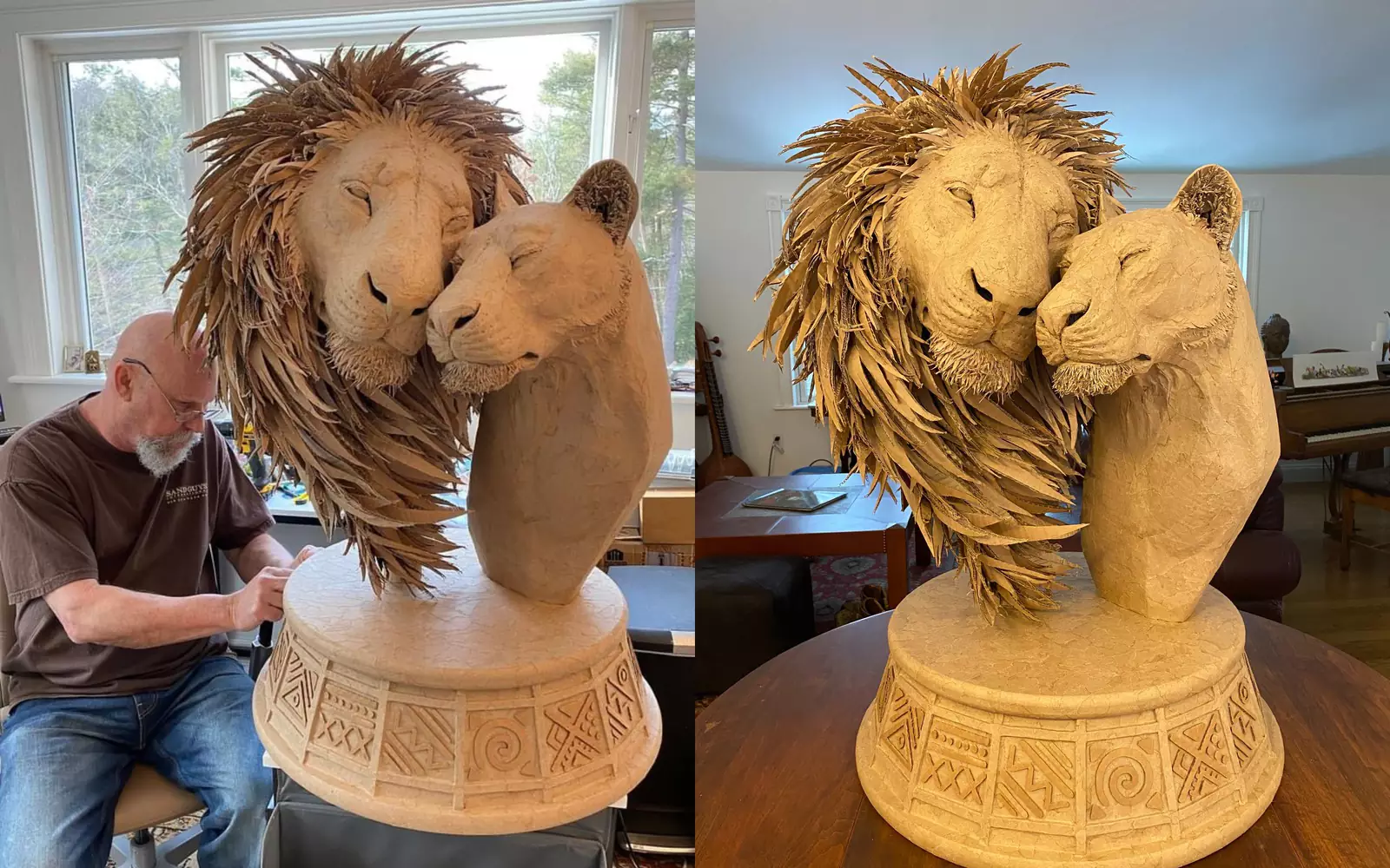 Художники превратили картон в скульптуру львов.
