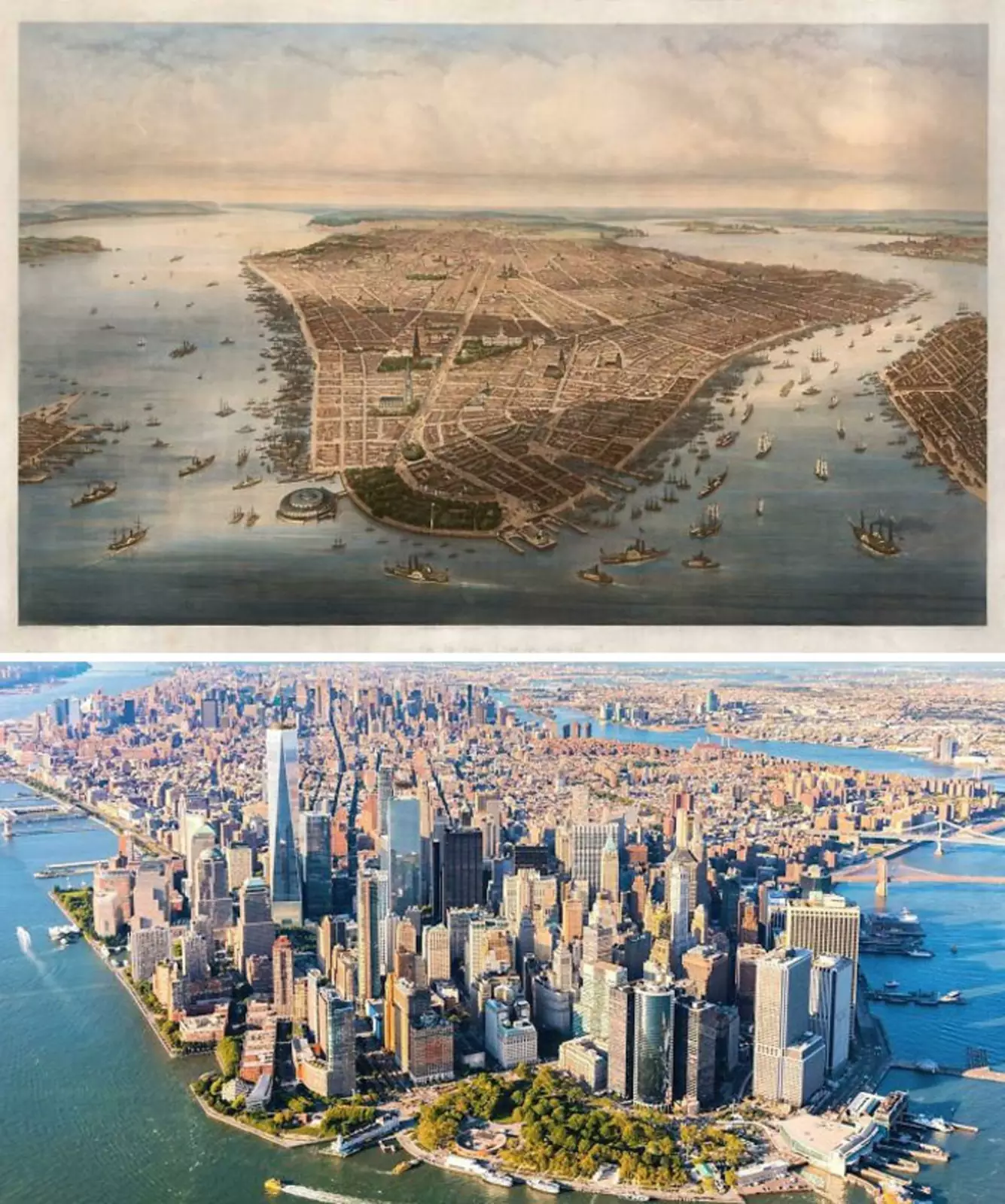 Манхэттен в 1851 году и сегодня.