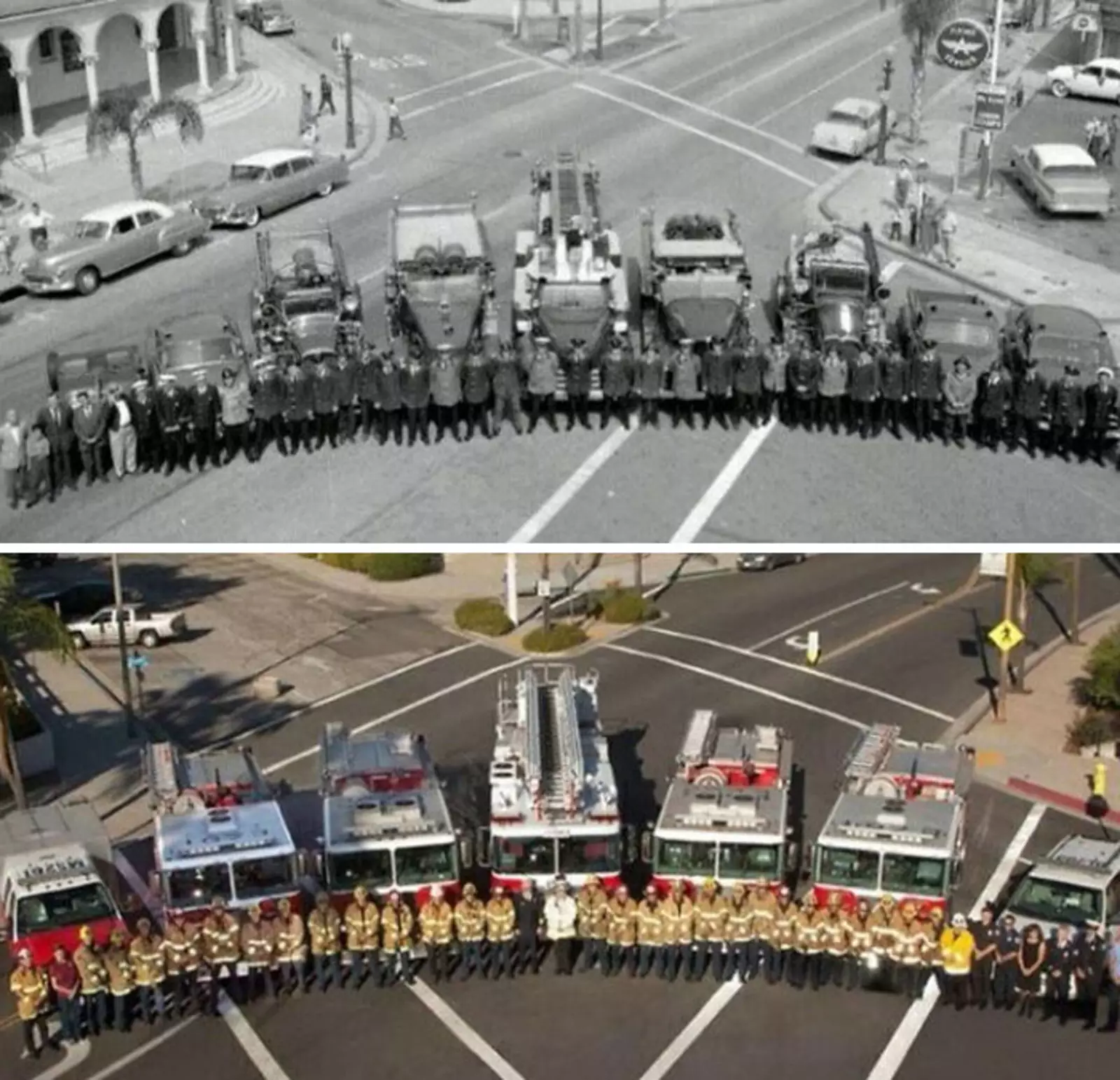 Групповое фото пожарной службы Редлендса 1958 и 2012 годов.