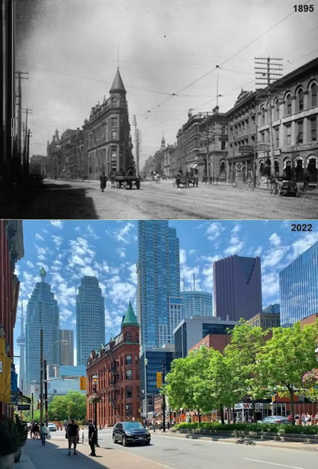 Gooderham Flatiron Building, Торонто (1895 и 2022 годы).
