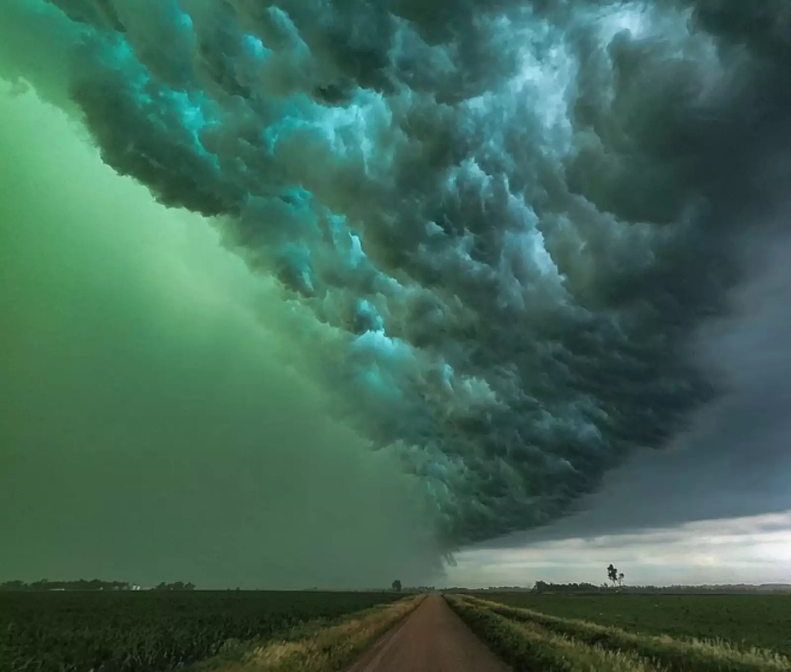 Зелёным небо становится из-за большого количества воды в облаках.