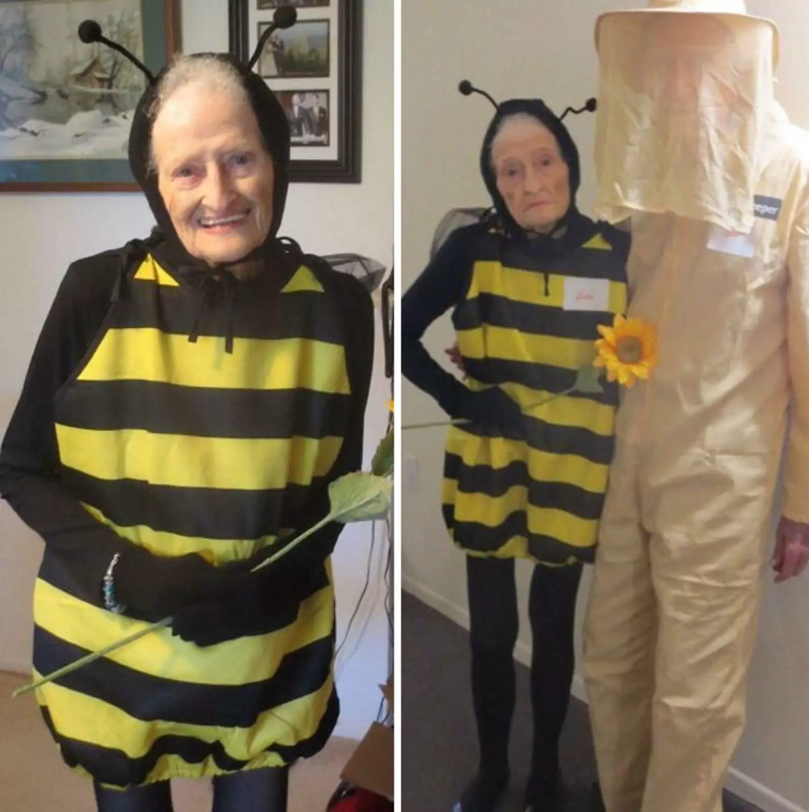 "Симпатичный обзор Amazon, который я пересматриваю только ради улыбки. 88-летняя женщина и ее 92-летний муж посетили вечеринку в честь Хэллоуина. Им понравился костюм пчелы".