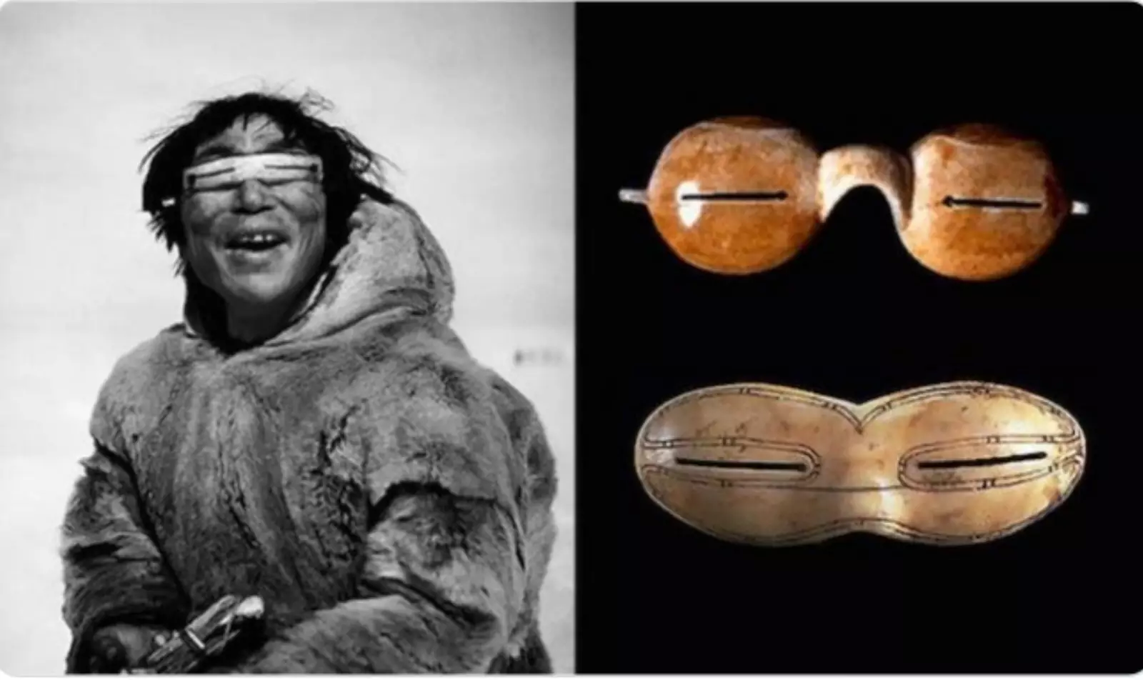 В доисторические времена инуиты носили очки из моржовой кости, чтобы блокировать вредные отраженные лучи солнца.