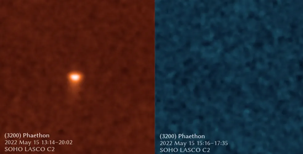 Оранжевый фильтр, чувствительный к натрию, показывает, что хвост астероида светится в лучах Солнца.