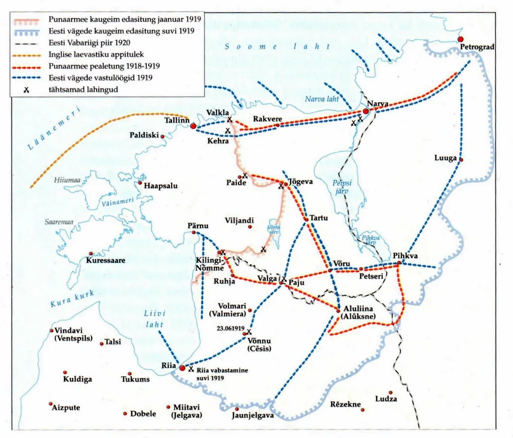 Эстонская карта максимального продвижения эстонских армий летом 1919 года (на восток они шли как союзники Юденича)