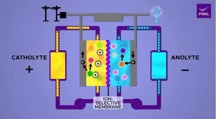Ионоселективная мембрана позволяет положительно заряженным ионам перемещаться между двумя электролитами во время циклов заряда и разряда, заставляя электроны проходить через внешние пластины и через цепь. β-циклодекстрина, производного крахмала, показанного здесь розовым цветом, значительно ускоряет эту реакцию.