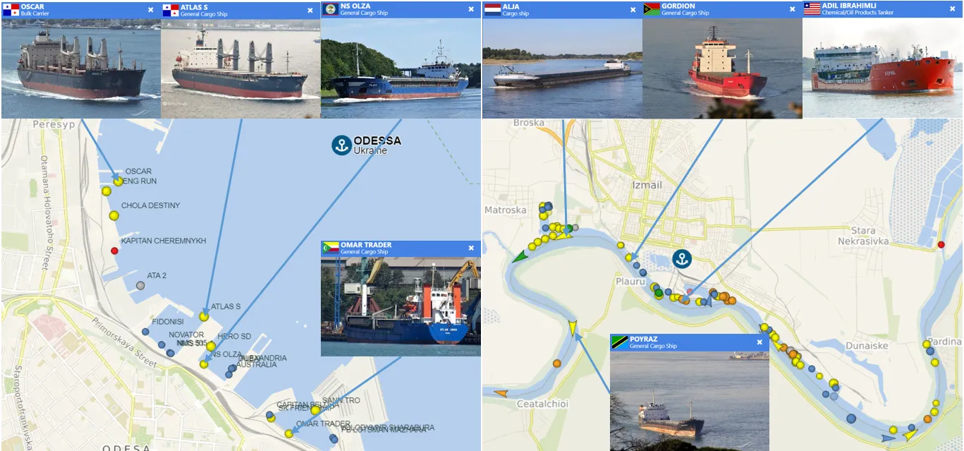 Судовая обстановка в портах Одесса и Измаил по состоянию на 13.02.2024 года.  Инфографика автора по данным ресурса vesselfinder.com/ru.