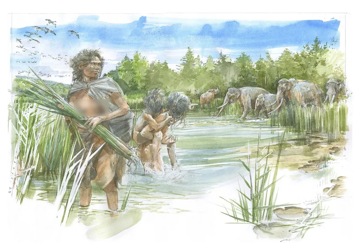 Художник воссоздал быт Homo heidelbergensis на берегу озера.