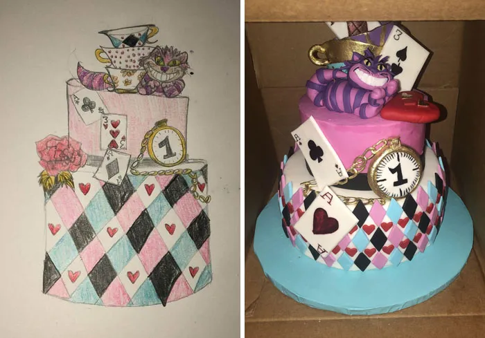  «Мой набросок торта, который я хотел сделать, и готовый торт. Я чертовски горд собой».