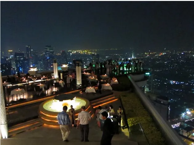 Скай-бар, Бангкок. Sky Bar расположен на крыше Lebua State Tower, на высоте 63 этажа над шумными улицами Бангкока. Потягивайте вкусные коктейли, глядя на море огней внизу.