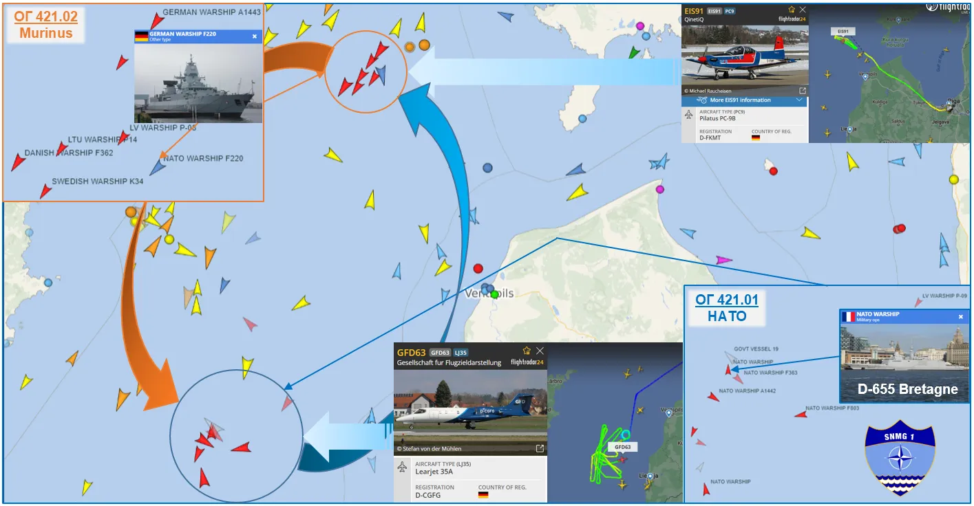 Обстановка по двухстороннему учению оперативных групп 421.01 и 421.02 в центральной части Балтийского моря. 