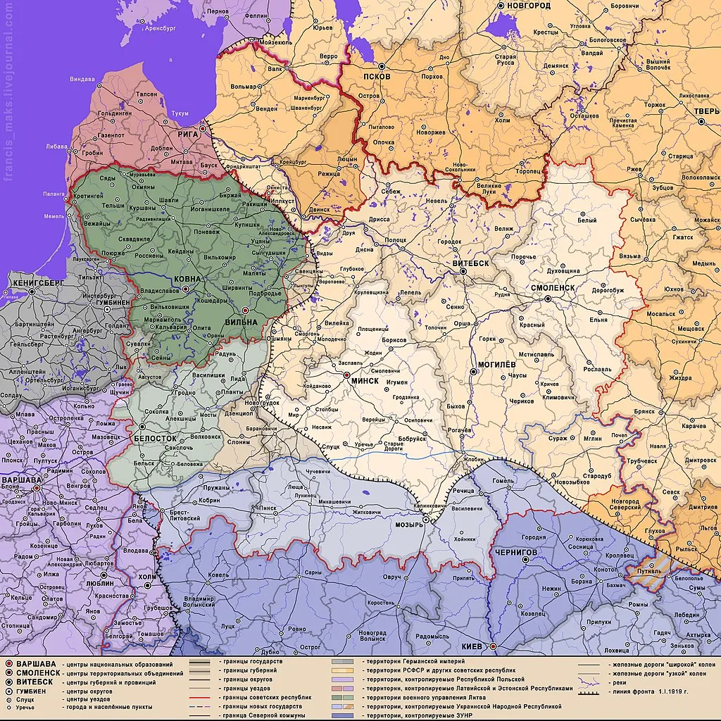Советский натиск на запад к 1 января 1919 года. Современная белорусская карта. 