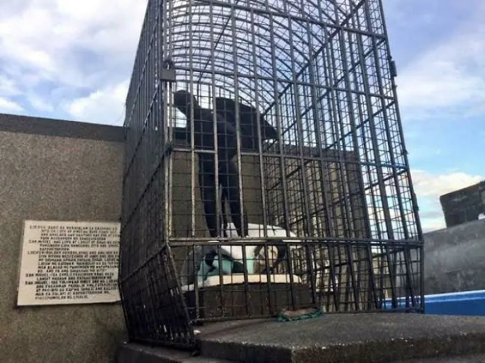 Статуя дьявола, побеждающего архангела Михаила на вершине гробницы, запертой в клетке.