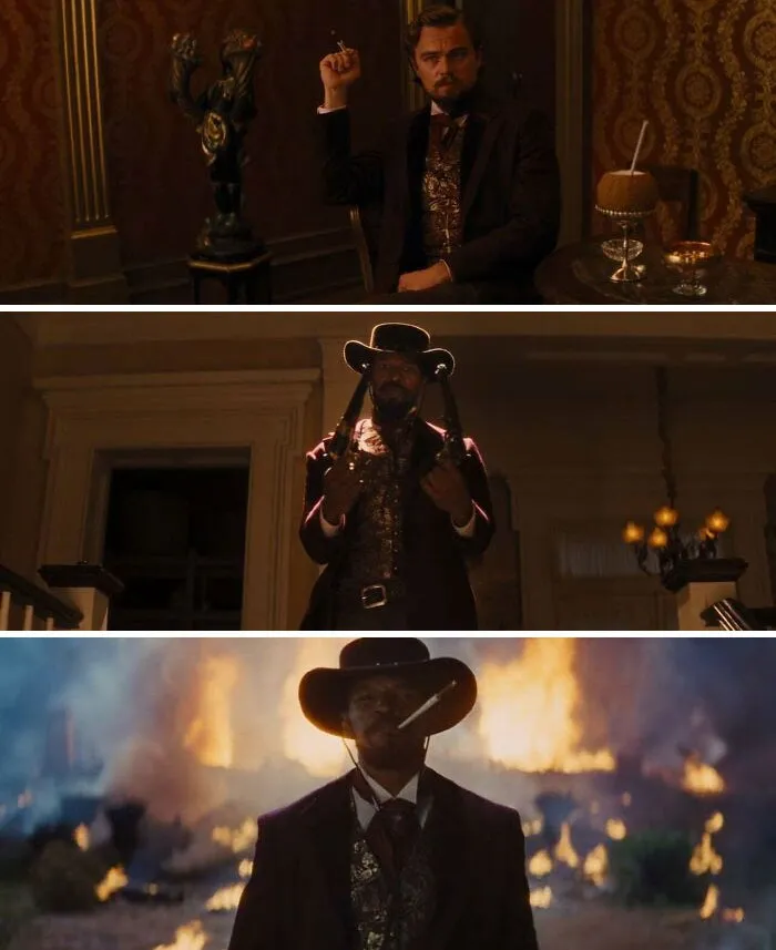 В финальной сцене фильма «Джанго освобожденный» Джанго носит ту же одежду, что и Кельвин Кэнди при первой встрече героев. 