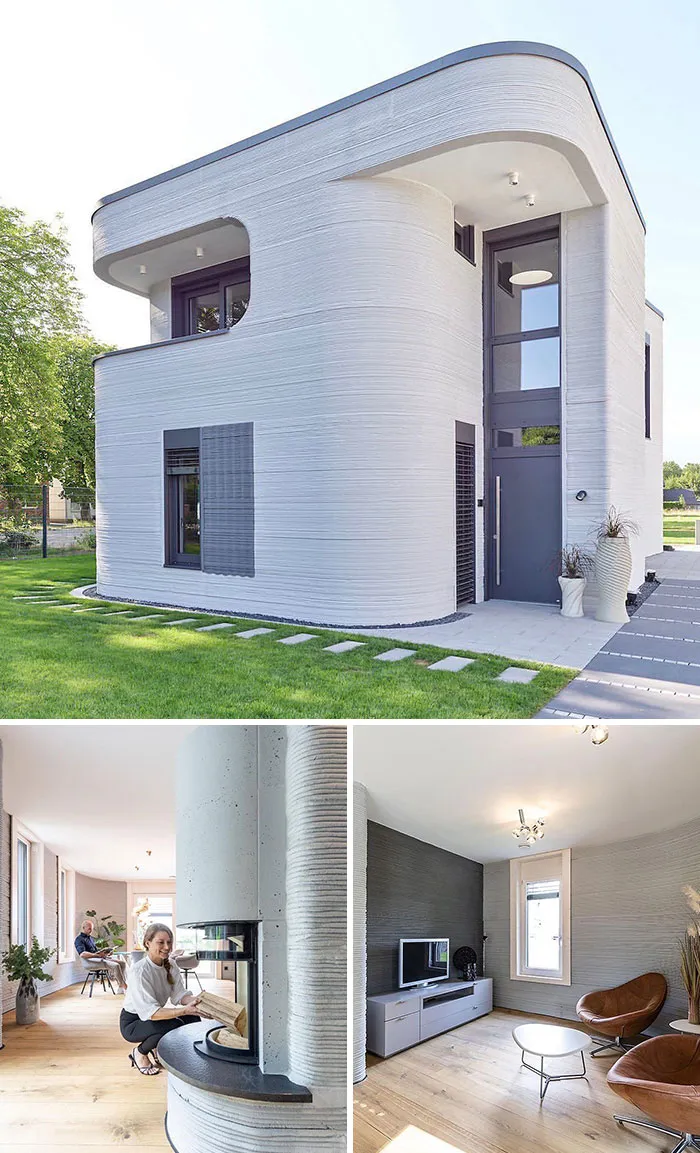 Двухэтажный частный дом, сделанный из материалов, распечатанных на 3D-принтере.