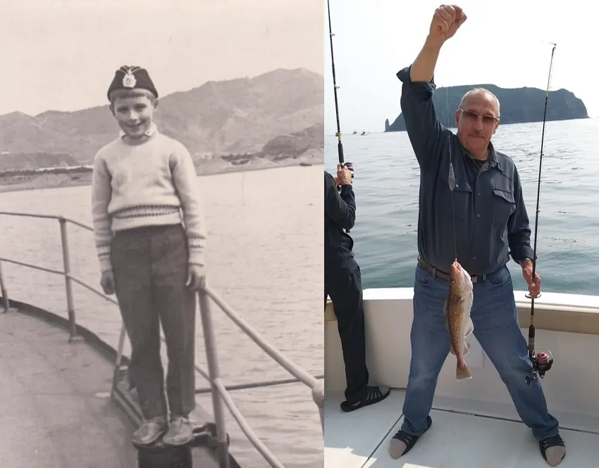 Слева: у отца на тральщике, бухта Завойко. Справа: камчатская треска, бухта Саранная. Фото из личного архива автора.