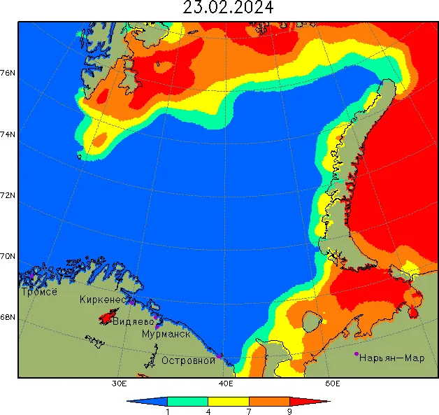 Синий – чистая вода, далее сплочённость льда в баллах, красный – сплошной лёд. Источник: meteoinfo.ru/current-sea-ice.