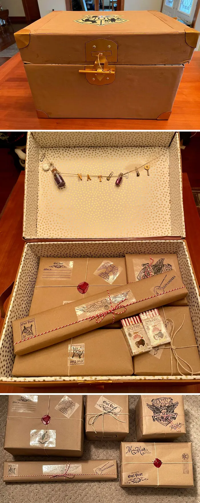 Чемодан Хогвартса и подарочная упаковка для рождественских подарков.