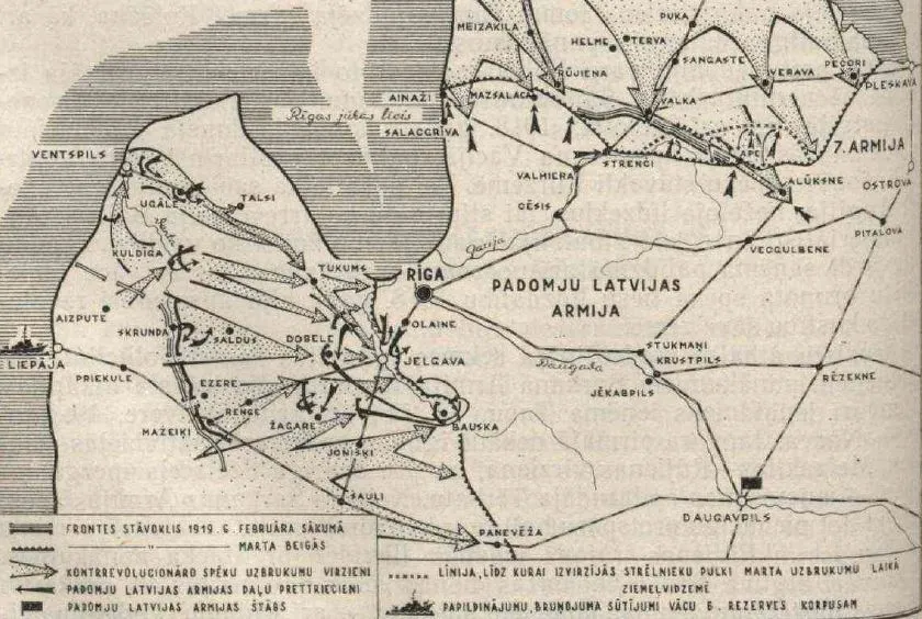 Зазубренной линией обозначена линия фронта на конец марта 1919 года.